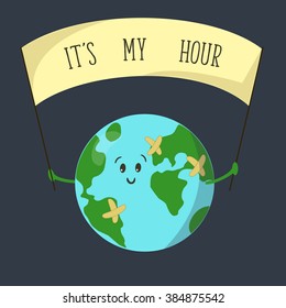 Earth hour. Cartoon earth globe.It's my hour. 19 march  Illustration 