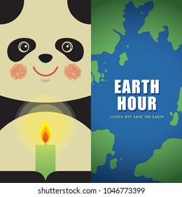 Earth Hour. Cartoon panda holding candle in dark. Lights Off Save the Earth flat vector illustration.