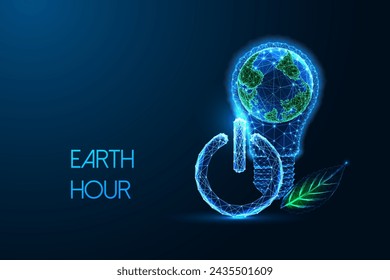 Earth Hour concept with Earth in a lightbulb, power button, and green leaf symbols. Call for global environmental consciousness futuristic concept on dark blue background. Vector illustration.