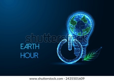 Earth Hour concept with Earth in a lightbulb, power button, and green leaf symbols. Call for global environmental consciousness futuristic concept on dark blue background. Vector illustration.