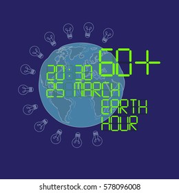 Earth Hour concept. Vector illustration of  cartoon drawn Earth, lamp and text isolated on blue background. Our planet. Protect the environment. Logo, label, sign, badge for your design.