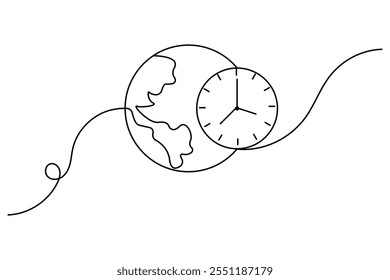 Hora da Terra contínua um desenho de linha do globo globo globo globo vetor ícone 