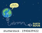 Earth Hour copy space. Light bulb with power plug and cityscape continuous line art drawing. Abstract minimal eco energy saving concept art. Lights off 60 minutes, save the Earth. Vector illustration.