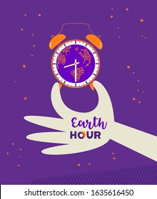 Earth hour day concept. Globe shape in alarm clock cartoon. Design idea to change global world. Environmental threat of planet banner background. Vector illustration