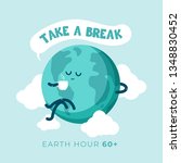 Earth hour day. Cute cartoon globe earth holding cup of coffee enjoy and take a break for a while. Flat vector design for campaign, poster, web, mobile, social media post.