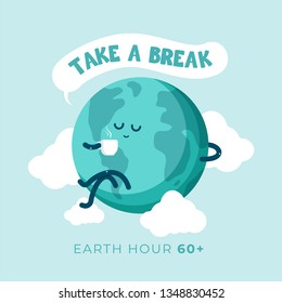 Earth hour day. Cute cartoon globe earth holding cup of coffee enjoy and take a break for a while. Flat vector design for campaign, poster, web, mobile, social media post.