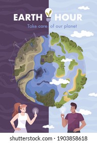 Earth hour day flat card with earth hour take care of our planet headline vector illustration