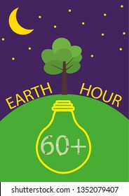 Earth hour day illustration, light bulb with tree and moon