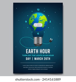 Earth Hour Day March 26th flyer with light bulb and time globe illustration