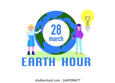 Earth hour day. Save our planet. Environment friendly ecological concept with characters. Colorful vector illustration for banner, website design or landing web page