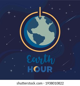 Earth hour day simple vector poster. Light-off moment on globe cartoon design element. Climate change to save Earth concept. Switch off light in support of planet nature banner background illustration