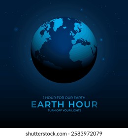 Earth hour day with turn off your lights text and blue dark color background design 