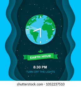 Earth hour. Deep space background with stars and flat Earth planet. Abstract waves background with 3d effect. Green ribbon with leaves. Clock concept. Paper cut style. Vector Illustration. 