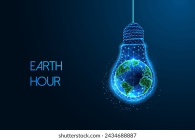 Earth Hour, Energy conservation futuristic concept with planet Earth inside of lighbulb in glowing low polygonal style on dark blue background. Modern abstract connection design vector illustration.