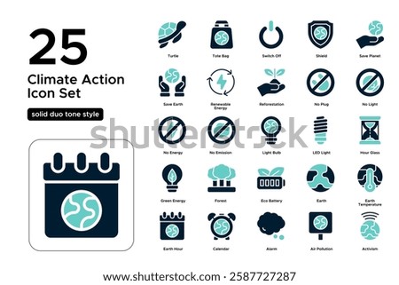 Earth Hour Event. Environmental Conservation Icons. Reduce Energy Use, Sustainability, and Eco Awareness. Vector Illustration. Solid duo tone icon set