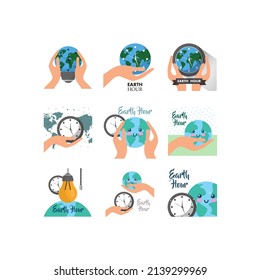conjunto de iconos plano de la Hora de la Tierra