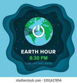 Earth hour. Flat Earth planet in Space. Starry sky background with 3d effect. Earth globe with on/off light switch icon or power button. Paper and craft style. Vector Illustration. 