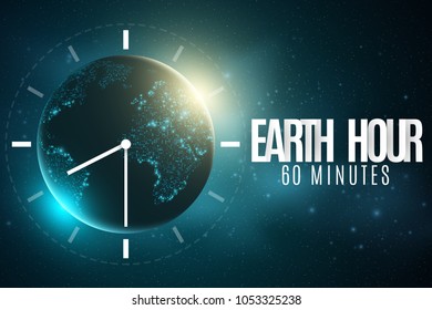 Earth Hour. Futuristic planet Earth. 60 minutes without electricity. 3D paper letters. Sunrise. Global holiday. Clock go. Abstract world map. Starry sky. Vector illustration. EPS 10