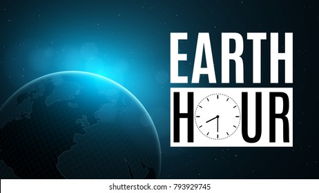 Earth Hour. Futuristic planet earth in space. 60 minutes without electricity. Sunrise with a blue glow. Global holiday. Abstract world map. Space and stars. Vector illustration