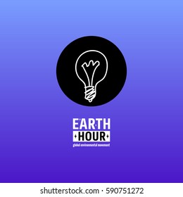 Earth Hour is a Global Environmental Movement. Vector icon with text. Concept of energy saving and stopping climate change. Turned off bulb lamp on dark blue background