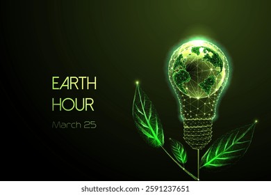 Earth Hour green web banner with glowing light bulb as growing plant containing Earth on green. Sustainable energy, eco power, and ESG futuristic concept. Low ploygonal abstract vector illustration. 