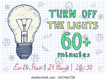 Earth hour hand drawn poster with lamp and inscription turn off the lights 60 minutes