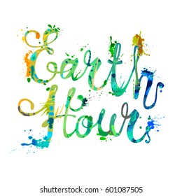 EARTH HOUR. Hand written vector lettering. Splash paint