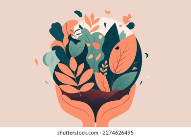 Earth hour, hands holding the globe, with plants and trees in the background, vector illustration