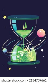 Earth Hour, hourglass with trees and plants inside, low carbon environmental protection, vector illustration