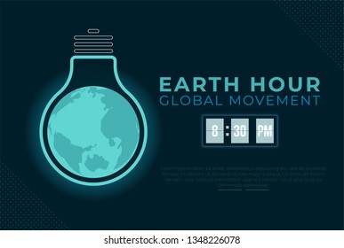 Earth Hour Illustration Background. Bulb Lamp With World Map Earth Symbolic Night Sleep Mode. Flat Design For Poster, Banner, Wallpaper, Web, Mobile.