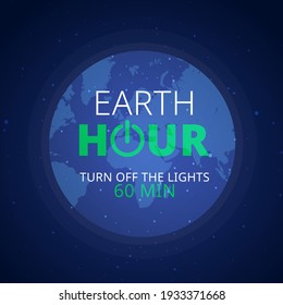 Earth hour illustration with planet and turn off button. 