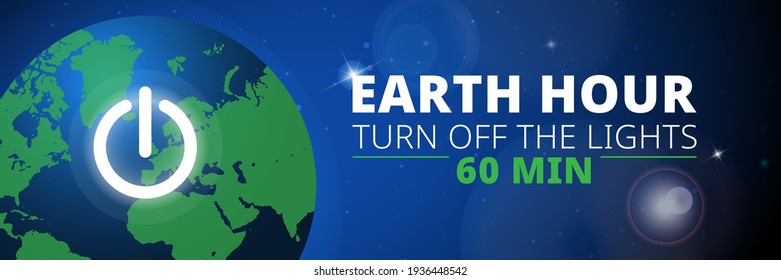 Earth Hour Illustration With Planet And Turn Off Button. Horizontal Banner.