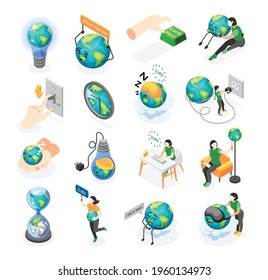 Earth hour isometric icons set with human characters taking care of our planet switching off light isolated vector illustration