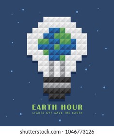 Earth Hour. Light bulb with earth in 3D pixel art on space background. Lights Off Save the Earth. Eco energy save concept vector in flat vector illustration.