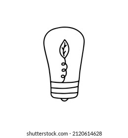 Earth Hour. Light bulb with a leaf inside. Save the planet. Black and white hand drawn vector isolated illustration. Icon doodle
