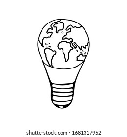 Earth Hour. Light bulb with a planet inside. Save the planet. Black and white doodle style illustration vector