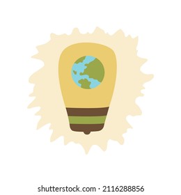 Earth Hour. Light bulb with a planet inside. Save the planet. Colorful hand drawn vector isolated illustration