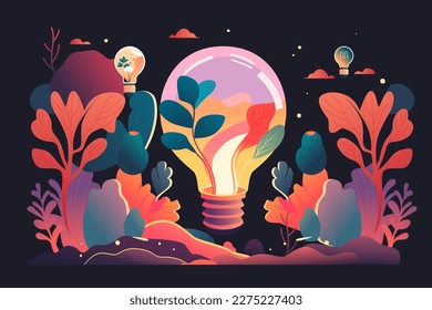 Earth hour, light bulb with planet and plants inside, plants and trees in the background, vector illustration