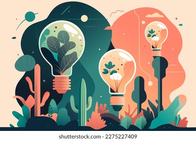 Earth hour, light bulb with planet and plants inside, plants and trees in the background, vector illustration