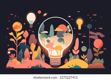 Earth hour, light bulb with planet and plants inside, plants and trees in the background, vector illustration