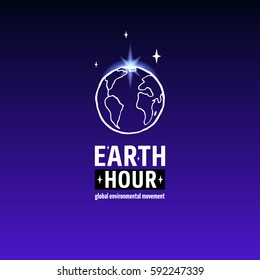 Earth Hour Movement banner template. Vector illustration of planet Earth in space with stars.