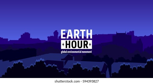 Earth Hour Movement Illustration. Horizontal wide banner of dark city view. Vector template for card or poster. The aim of the company is to prevent climate change and protect the planet