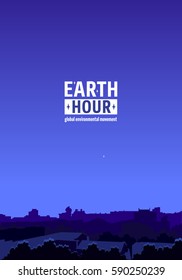 Earth Hour Movement Illustration. Vertical background with dark city view. Vector template for banner, card or poster. The aim of the company is to prevent climate change and protect the planet