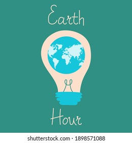 Earth hour on March 28, 2021. Save our planet. Lightbulb and Earth Hour inscription. Planet Day. Vector illustration in a flat cartoon style. Saving electric energy. Trendy color.