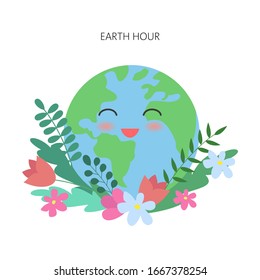 Earth hour, our planet, ecology concept. Earth planet and flowers. Vector illustration.