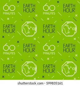 Estilo geométrico del patrón de hora de la Tierra. Evento con Tierra, espacio, estrellas y texto sobre fondo verde. eps10