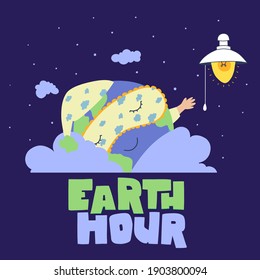 Earth hour, Planet earth in cartoon style on light background.