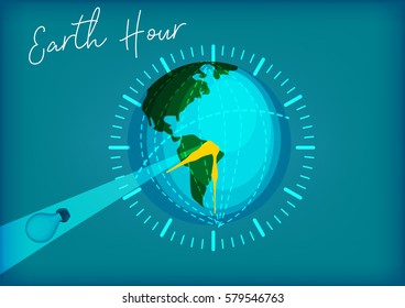 Earth Hour poster concept with globe and clock around it. A period of time is highlighted and a light bulb switched off in it