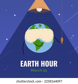 Earth hour poster depicting planet Earth in the sleeping mask switching the light. Earth hour vector flat style illustration. Earth hour cartoon style illustration.