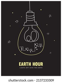 Earth Hour poster. Light bulb with cityscape line art drawing. Abstract minimal eco energy saving concept art. Lights off 60 minutes, save the Earth. Vector illustration.